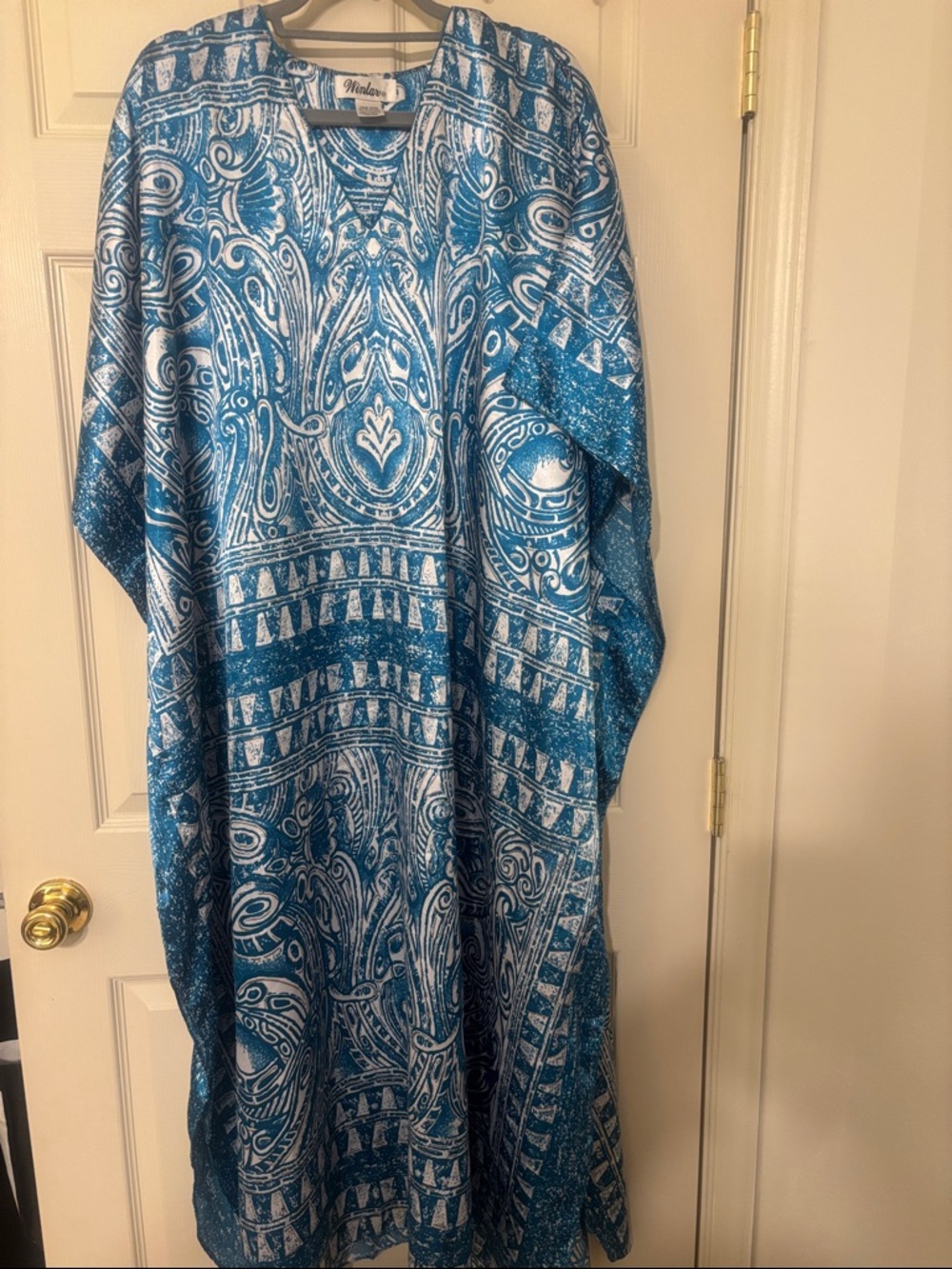 Winlar Teal and White Patterned Kaftan Dress - Women's OS